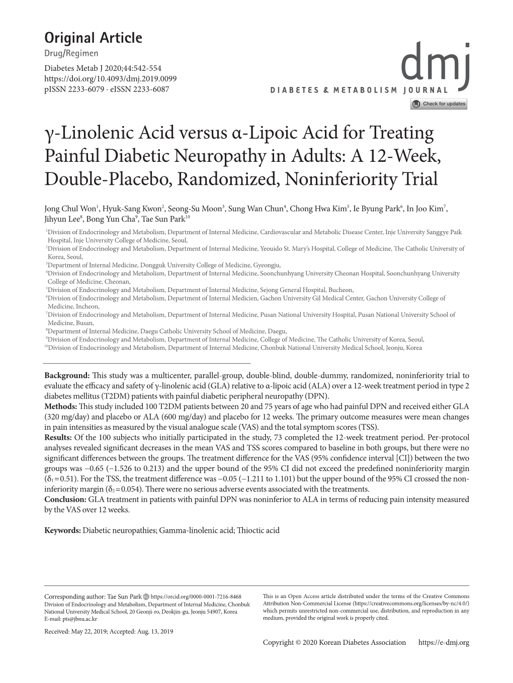 Γ-Linolenic Acid Versus Α-Lipoic Acid for Treating Painful Diabetic Neuropathy in Adults: a 12-Week, Double-Placebo, Randomized, Noninferiority Trial