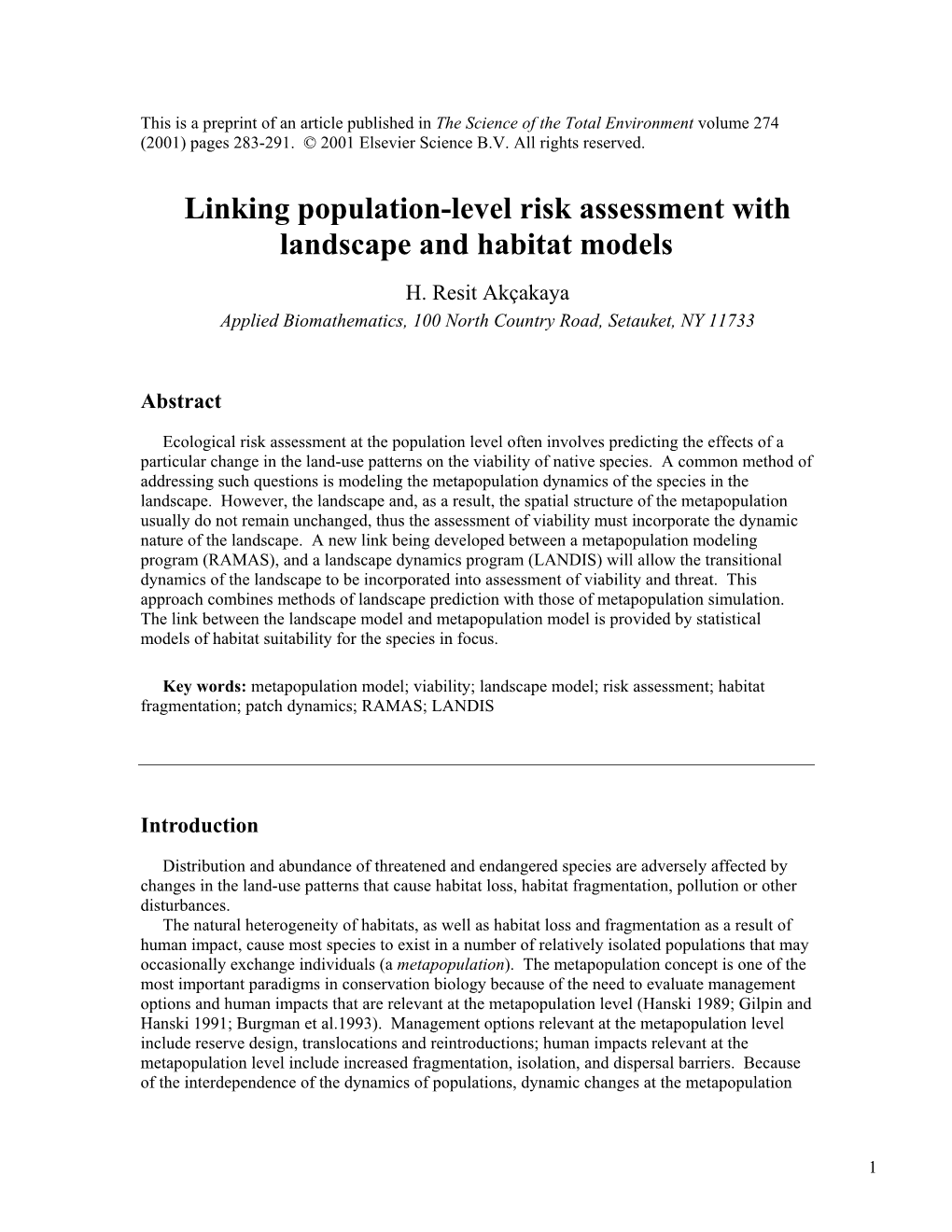 Linking Population-Level Risk Assessment with Landscape and Habitat Models H