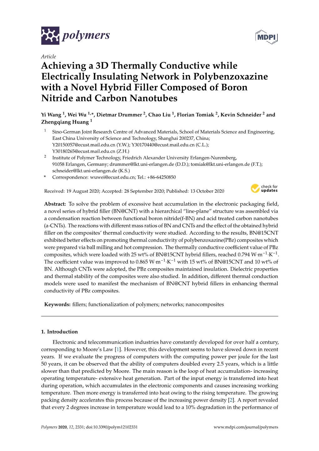 Achieving a 3D Thermally Conductive While Electrically Insulating Network in Polybenzoxazine with a Novel Hybrid Filler Composed of Boron Nitride and Carbon Nanotubes