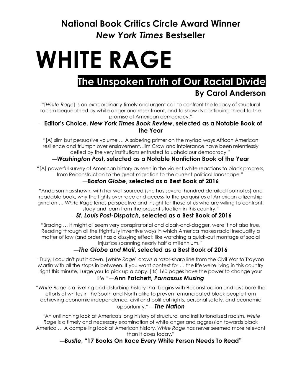 WHITE RAGE the Unspoken Truth of Our Racial Divide by Carol Anderson