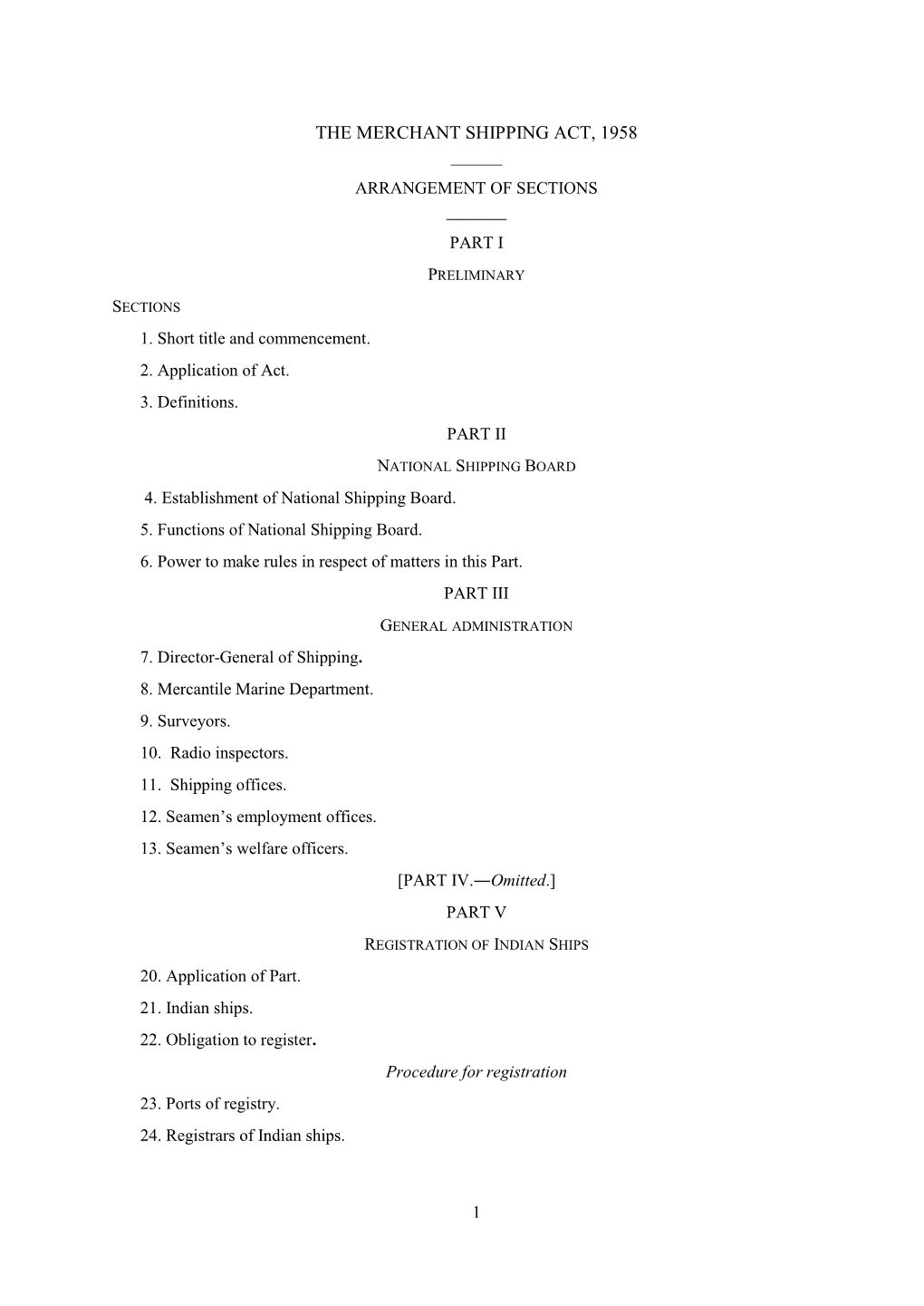 The Merchant Shipping Act, 1958 ______Arrangement of Sections ______Part I