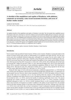 A Checklist of the Amphibians and Reptiles of Honduras, with Additions, Comments on Taxonomy, Some Recent Taxonomic Decisions, and Areas of Further Studies Needed