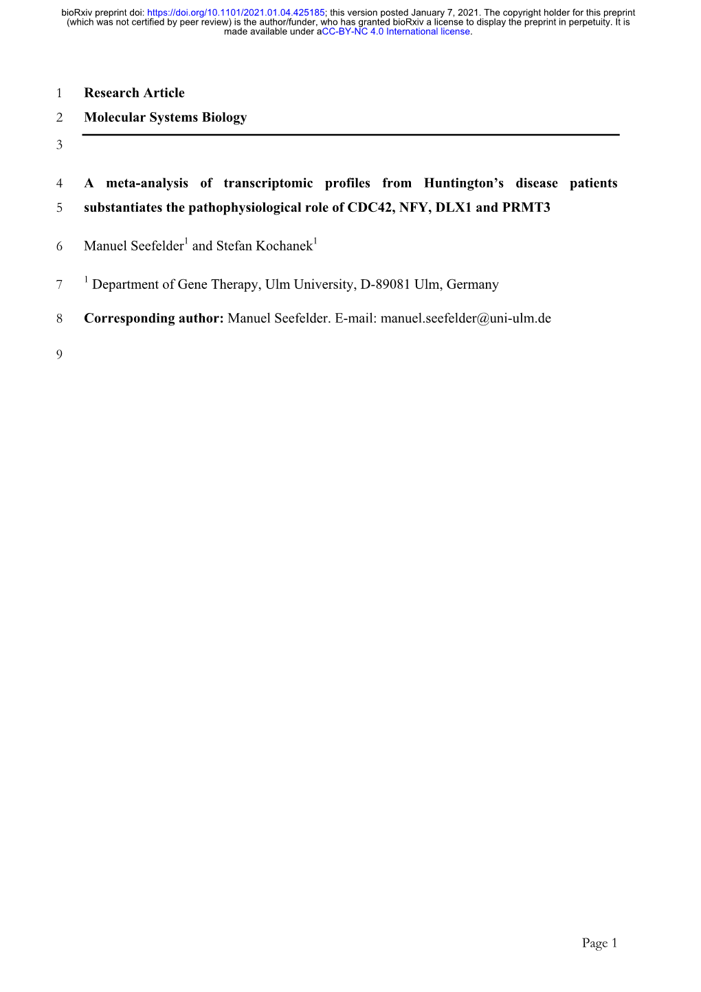 A Meta-Analysis of Transcriptomic Profiles from Huntington's Disease