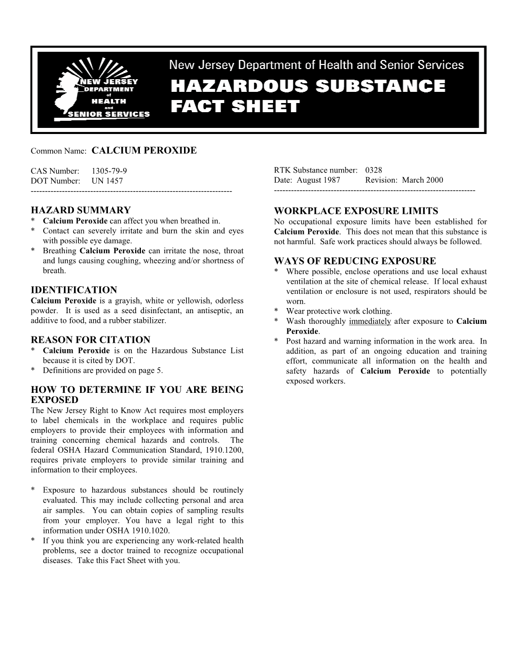 Calcium Peroxide Hazard Summary Identification