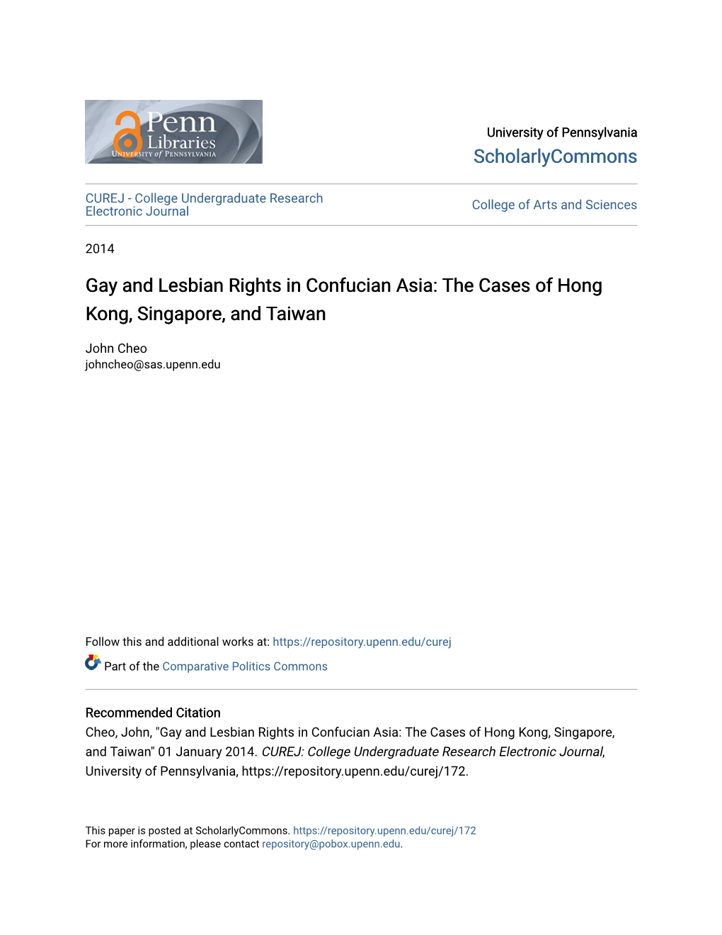 Gay and Lesbian Rights in Confucian Asia: the Cases of Hong Kong, Singapore, and Taiwan