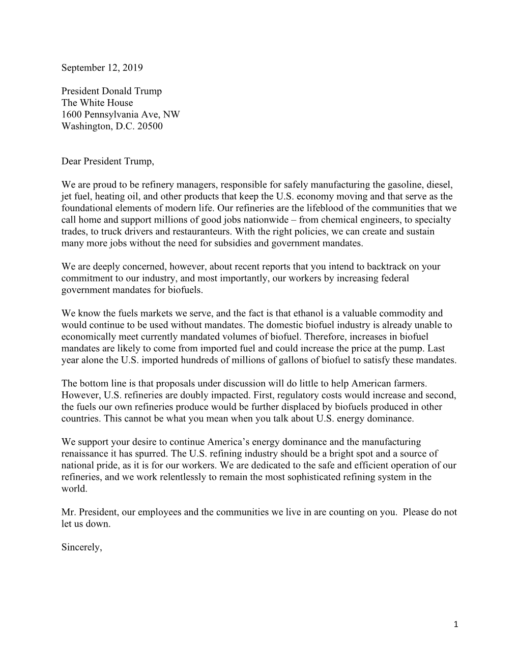 Letter to Trump from 64 Refinery Managers Urging Protection Of