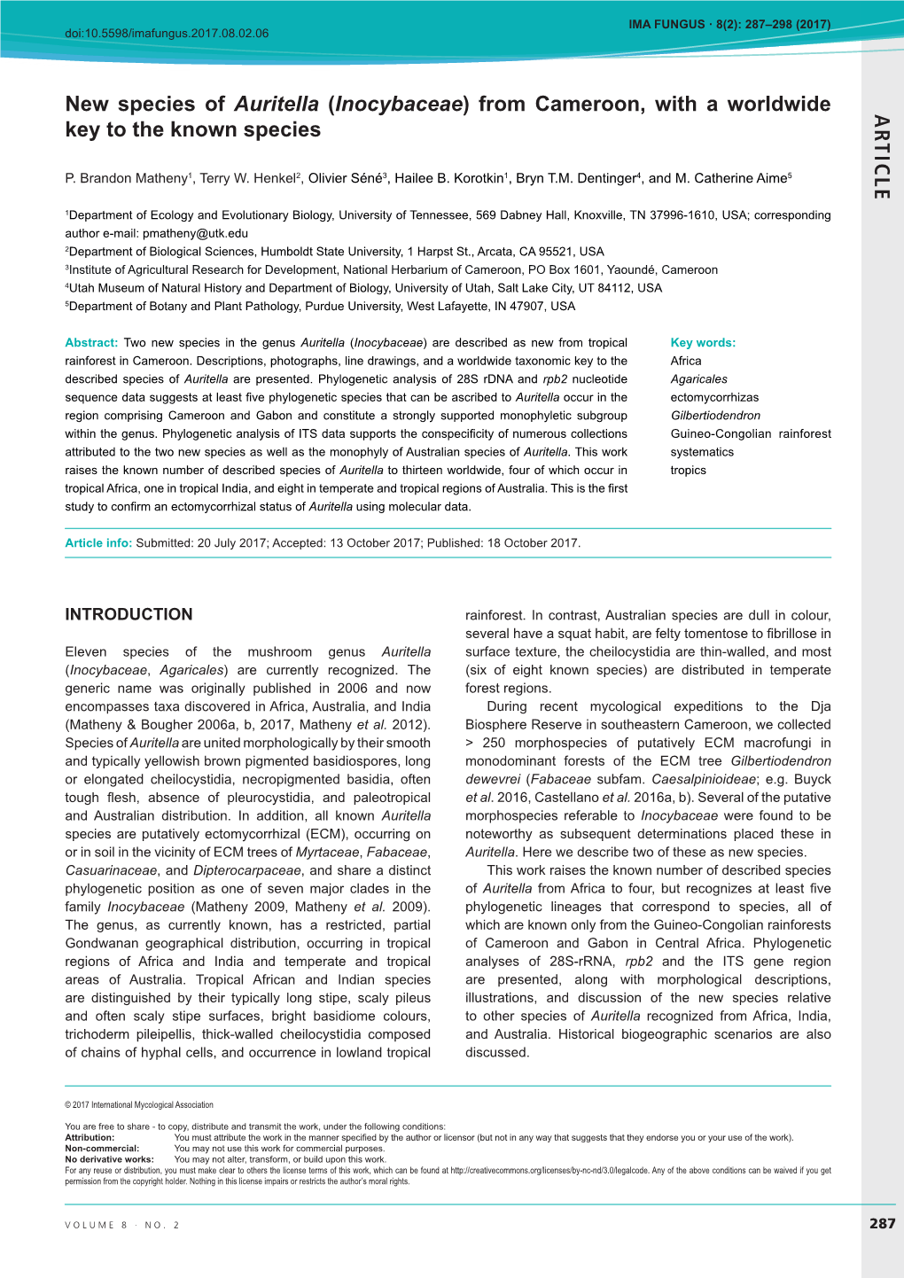 AR TICLE New Species of Auritella (Inocybaceae) From