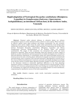 Rapid Adaptation of Neotropical Oncopeltus Semilimbatus (Hemiptera