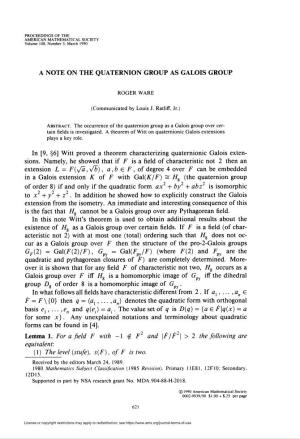 A Note on the Quaternion Group As Galois Group
