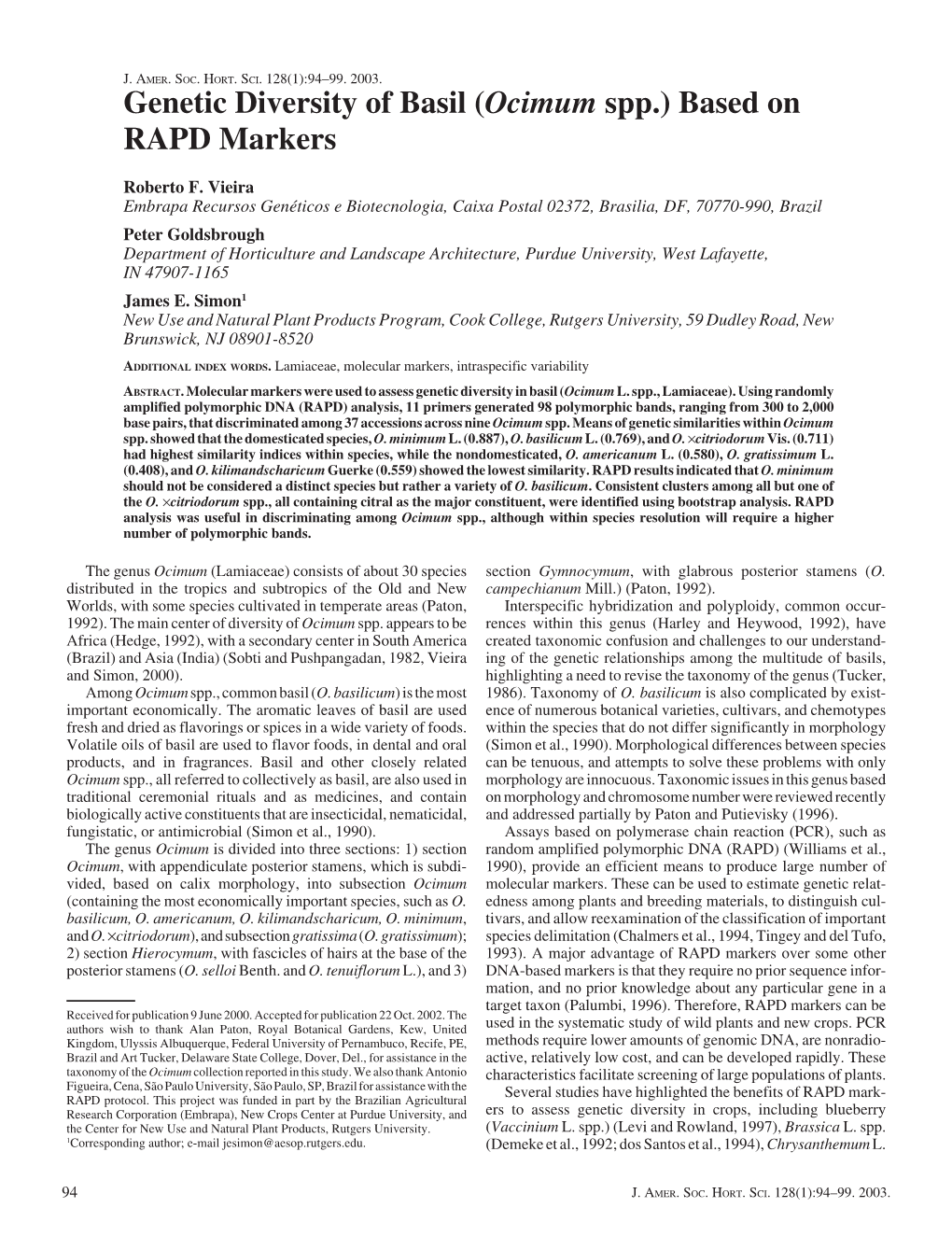 Genetic Diversity of Basil (Ocimum Spp.) Based on RAPD Markers