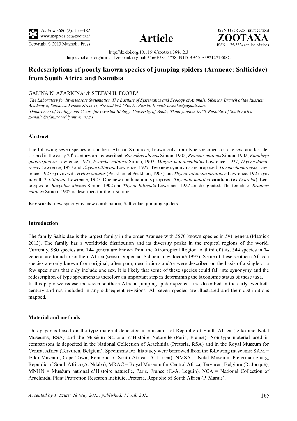 Redescriptions of Poorly Known Species of Jumping Spiders (Araneae: Salticidae) from South Africa and Namibia