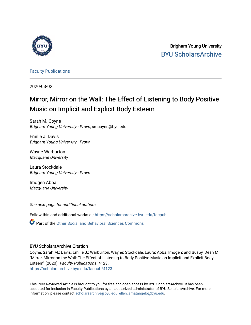 Mirror, Mirror on the Wall: the Effect of Listening to Body Positive Music on Implicit and Explicit Body Esteem