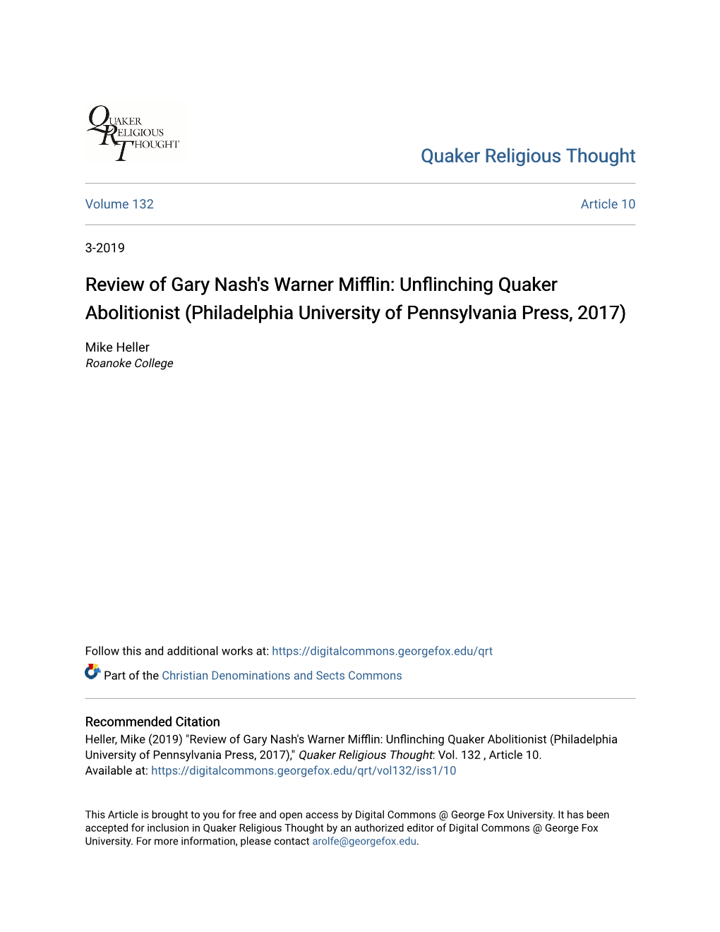 Review of Gary Nash's Warner Mifflin: Unflinching Quaker Abolitionist (Philadelphia University of Pennsylvania Press, 2017)