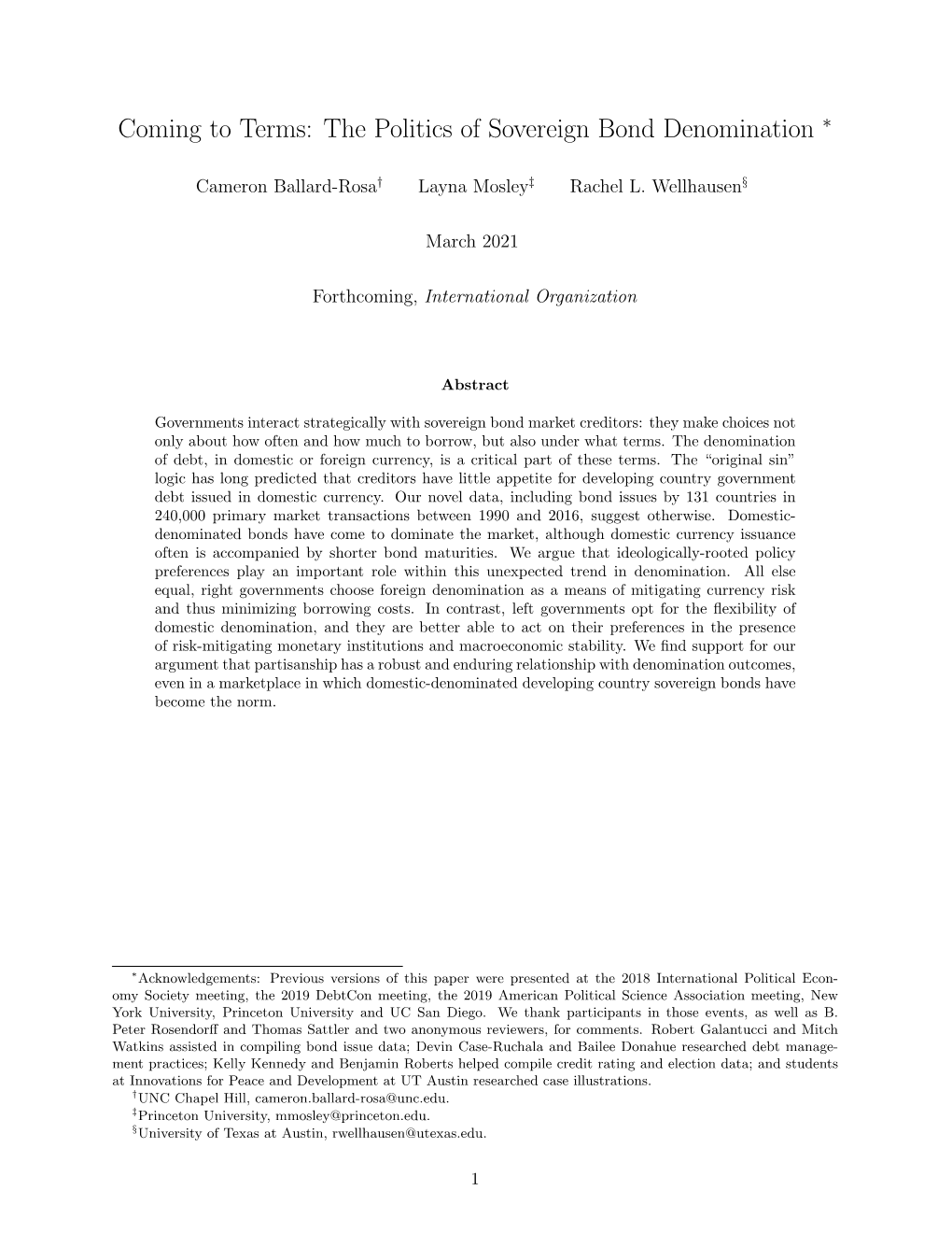 The Politics of Sovereign Bond Denomination ∗