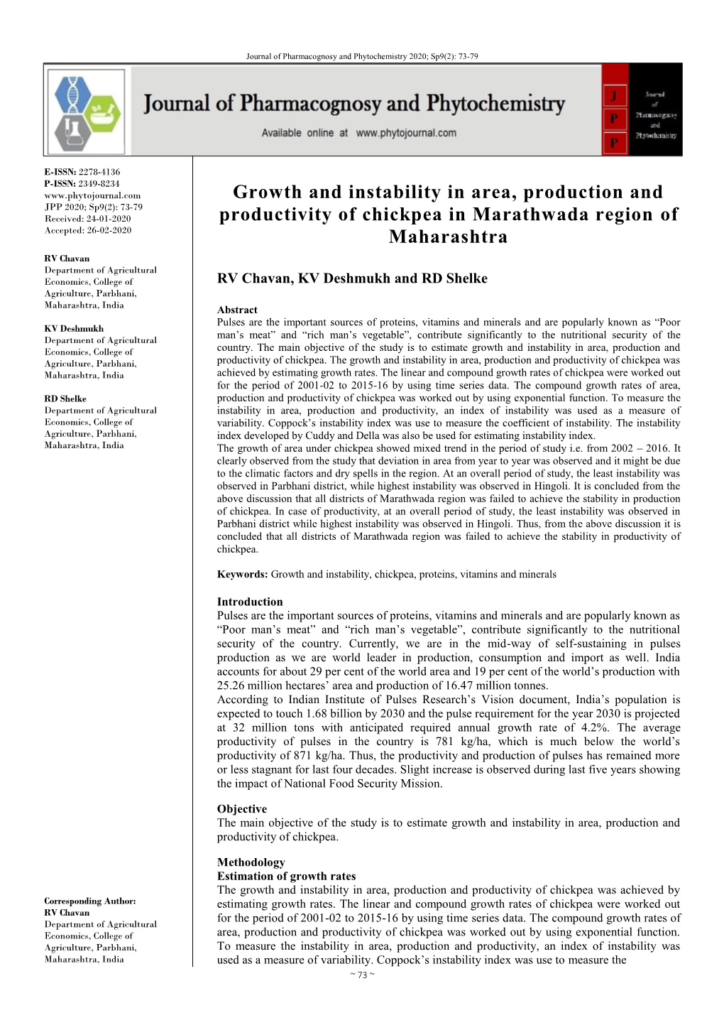 Growth and Instability in Area, Production and Productivity of Chickpea Was Maharashtra, India Achieved by Estimating Growth Rates