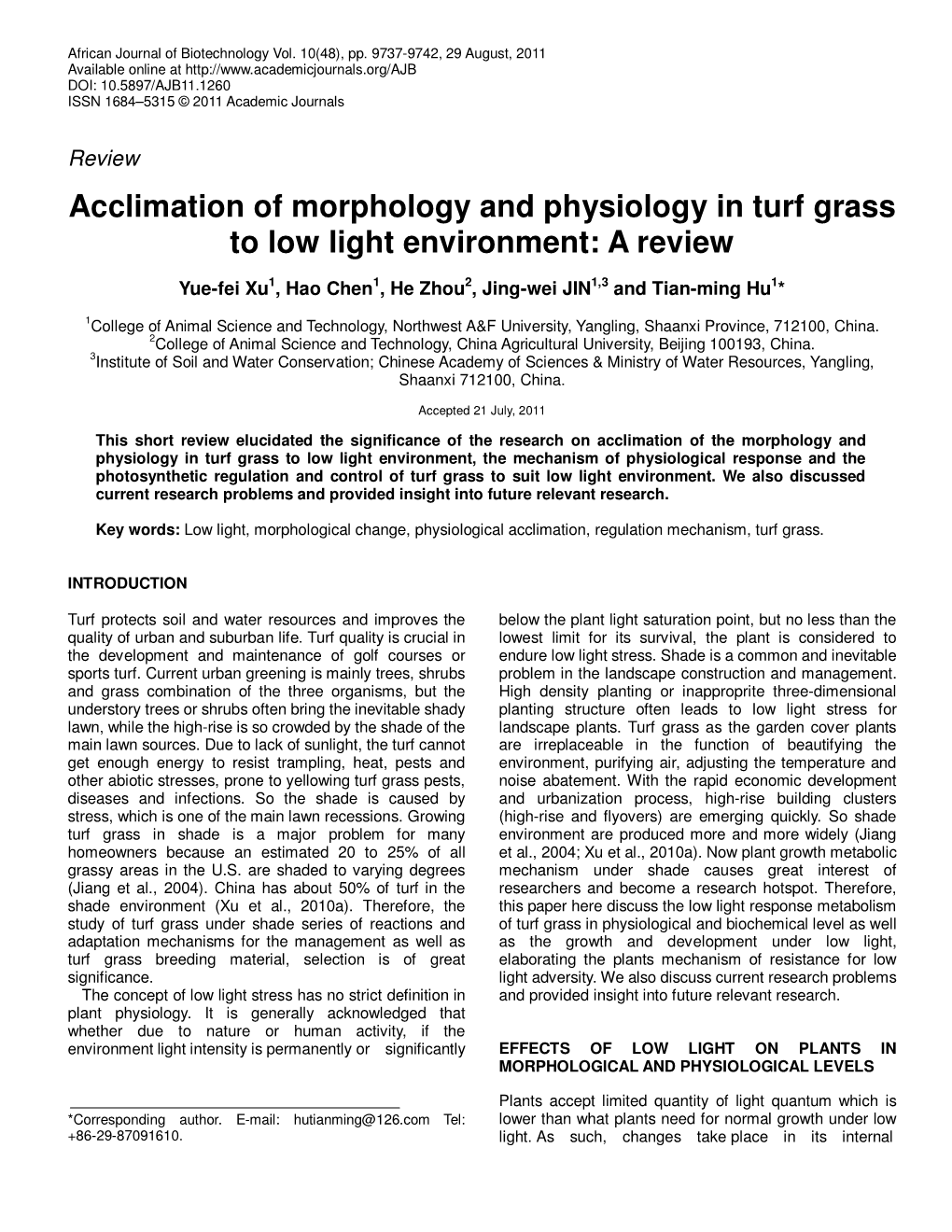 Acclimation of Morphology and Physiology in Turf Grass to Low Light Environment: a Review