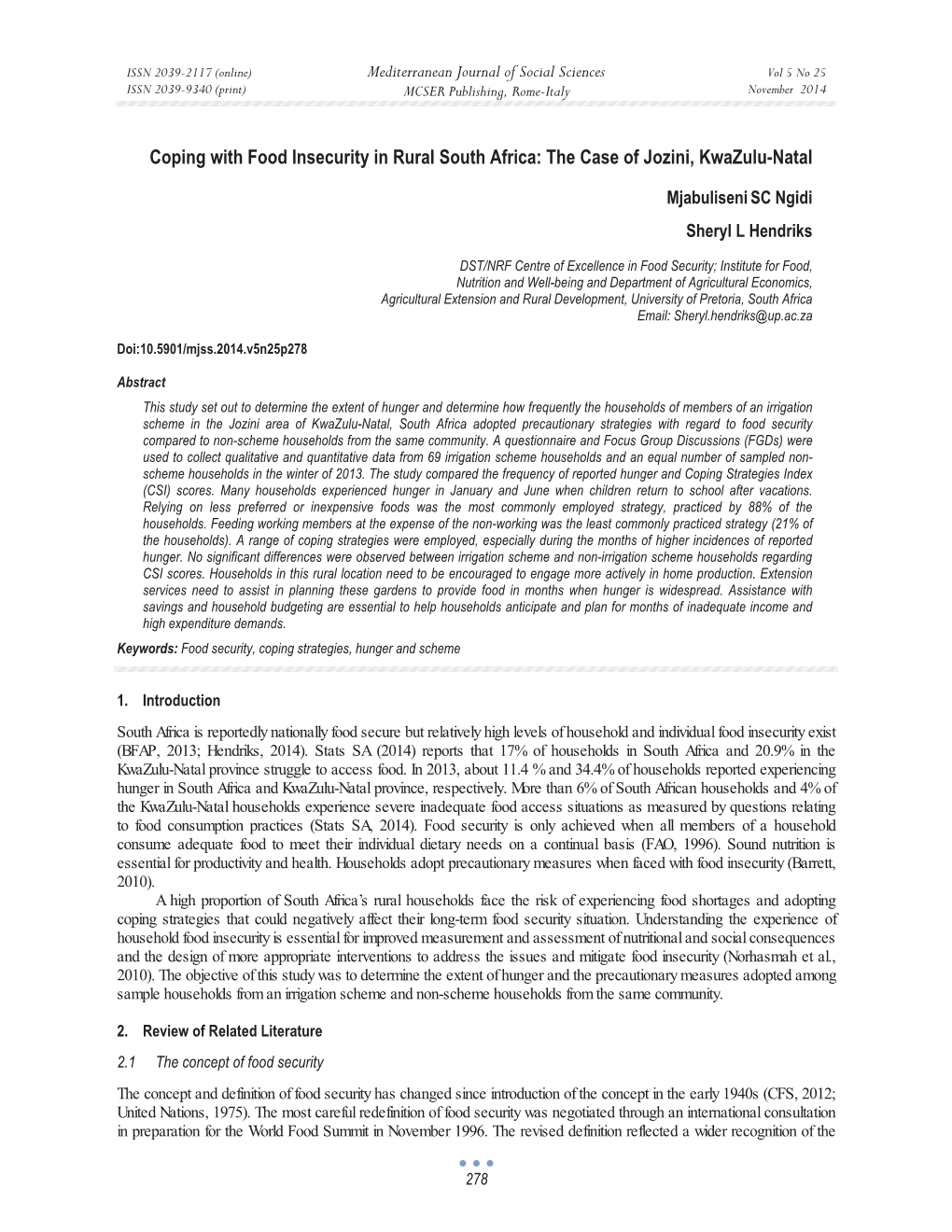 Coping with Food Insecurity in Rural South Africa: the Case of Jozini, Kwazulu-Natal