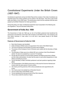 Constitutional Experiments Under the British Crown (1857-1947)