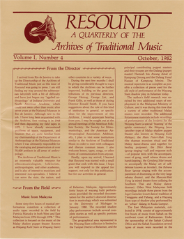 RESOUND a QUARTERLY of the Archives of Traditional Music Volume I, Number 4 October, 1982