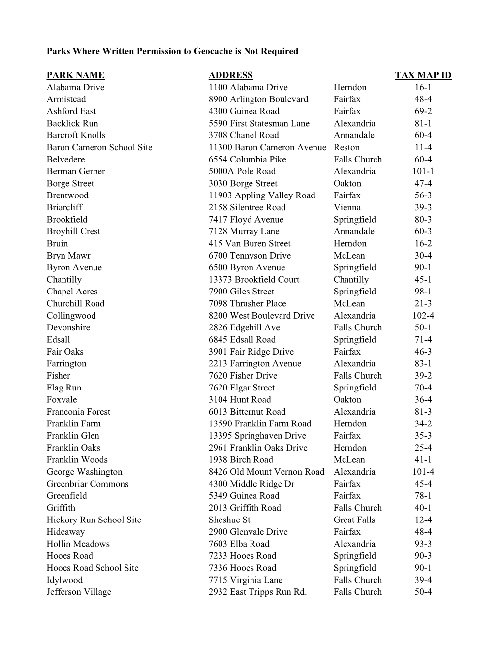 Approved Parks for Geocaching Updated February 2008