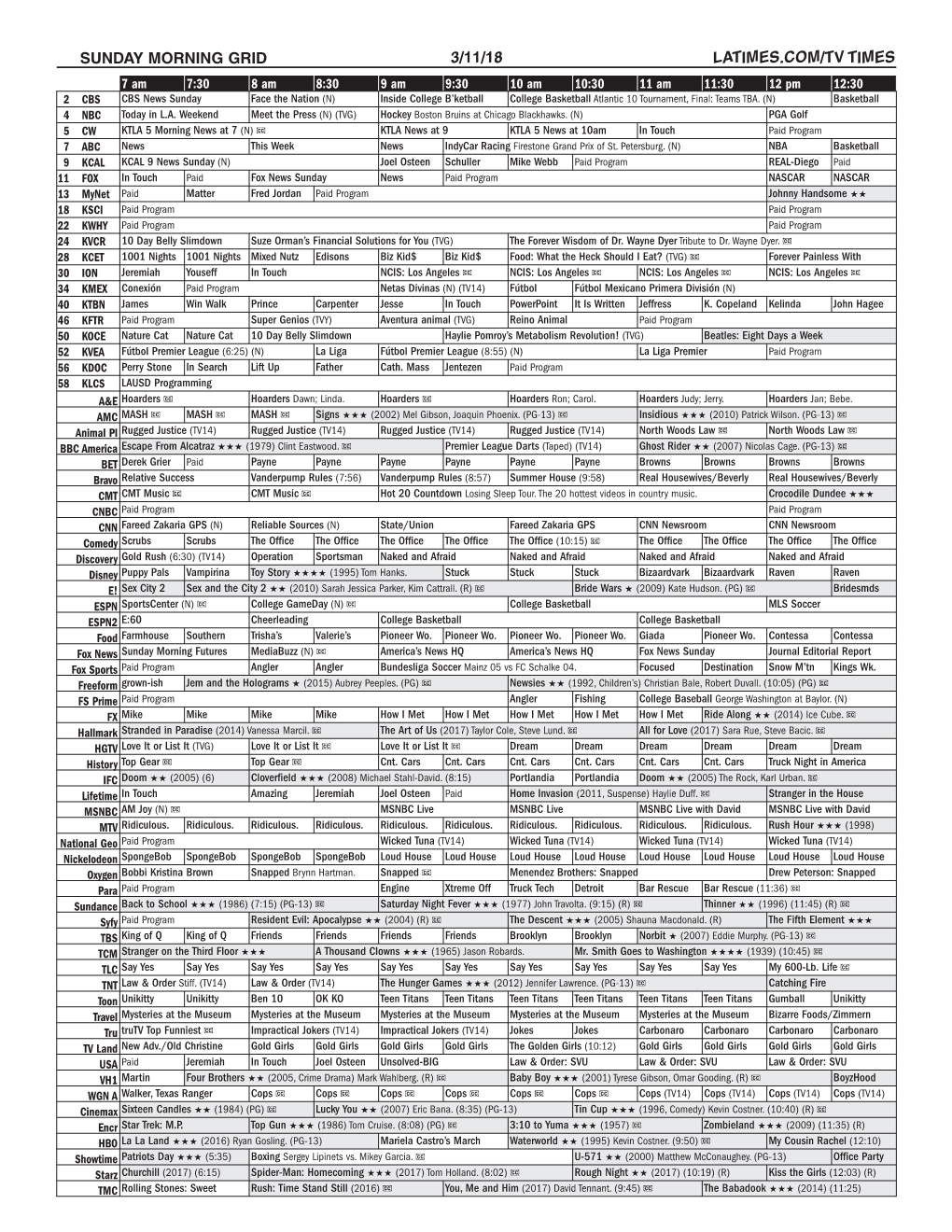 Sunday Morning Grid 3/11/18 Latimes.Com/Tv Times