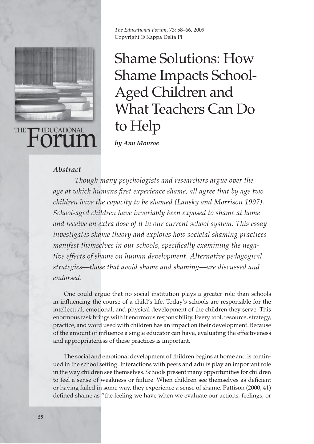 Shame Solutions: How Shame Impacts School- Aged Children and What Teachers Can Do to Help by Ann Monroe