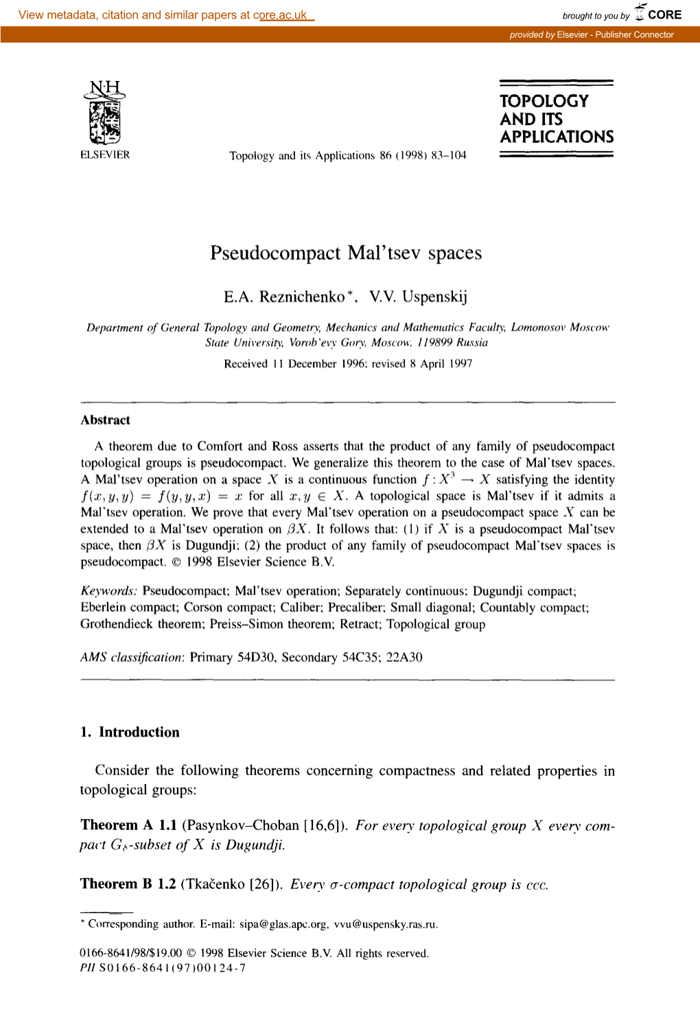 TOPOLOGY ANDITS APPLICATIONS Pseudocompact Mal'tsev Spaces