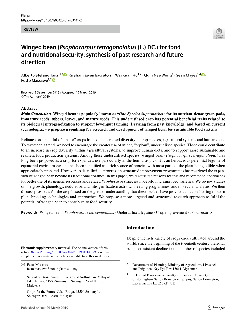 Winged Bean (Psophocarpus Tetragonolobus (L.) DC.) for Food and Nutritional Security: Synthesis of Past Research and Future Direction