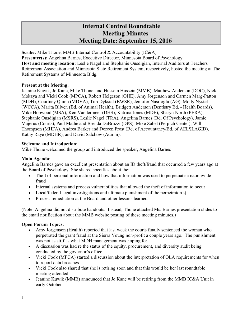 September 15, 2016, Internal Control Roundtable Meeting Minutes