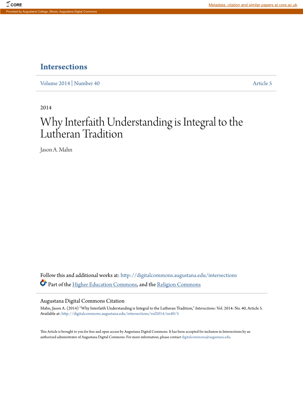 Why Interfaith Understanding Is Integral to the Lutheran Tradition Jason A