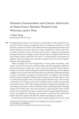 Personal Geographies and Liminal Identities in Three Early Modern Women’S Life Writings About War I-Chun Wang Kaohsiung Medical University