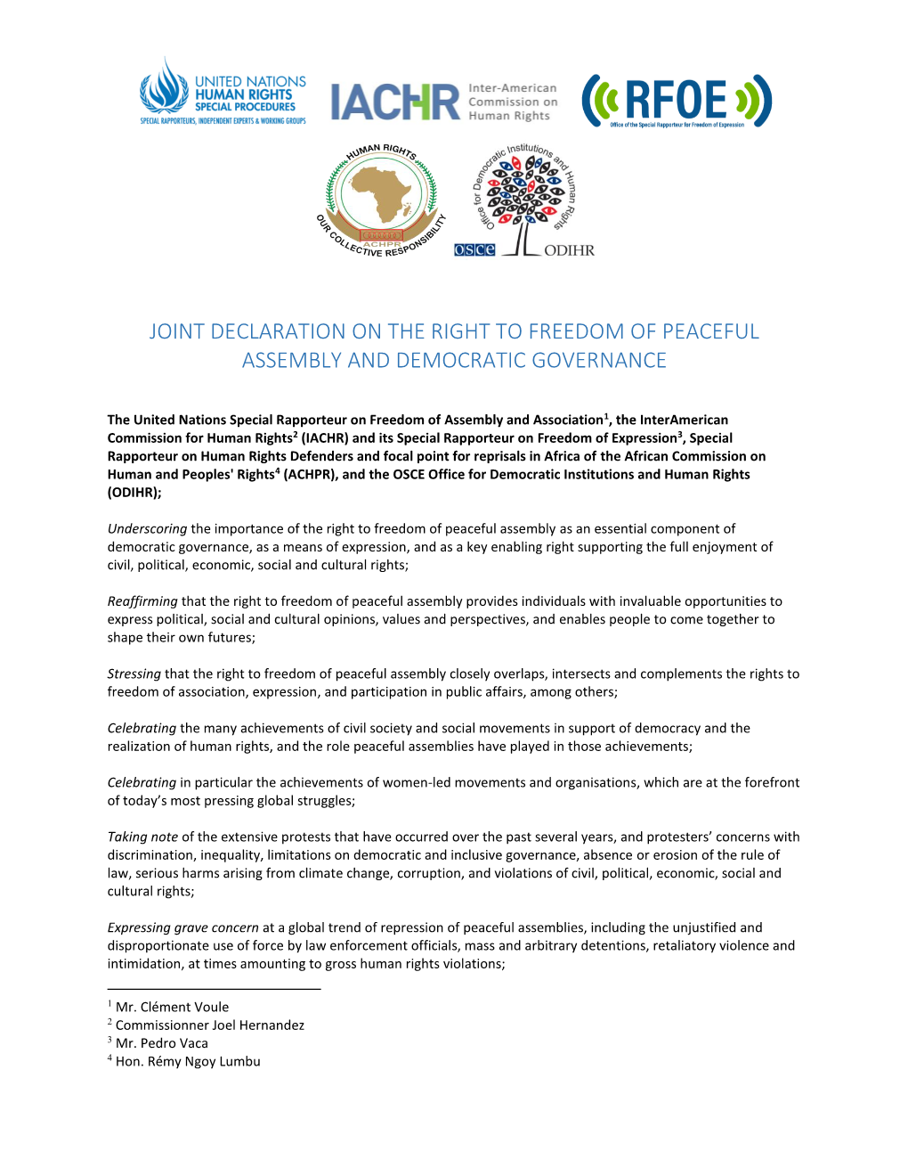 Joint Declaration on the Right to Freedom of Peaceful Assembly and Democratic Governance