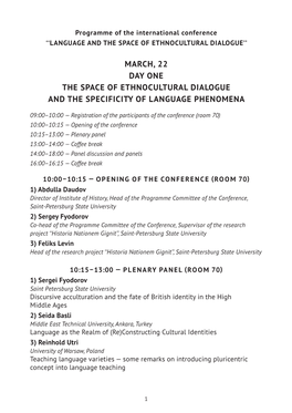 March, 22 Day One the Space of Ethnocultural Dialogue and the Specificity of Language Phenomena