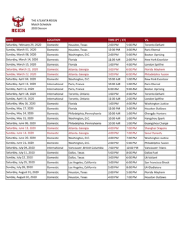 THE ATLANTA REIGN Match Schedule 2020 Season VS. Domestic