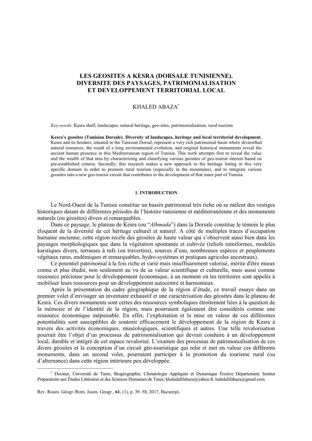 Les Geosites a Kesra (Dorsale Tunisienne). Diversite Des Paysages, Patrimonialisation Et Developpement Territorial Local