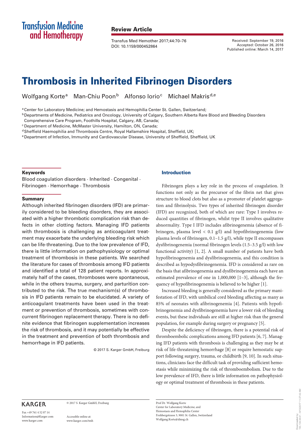 Thrombosis in Inherited Fibrinogen Disorders