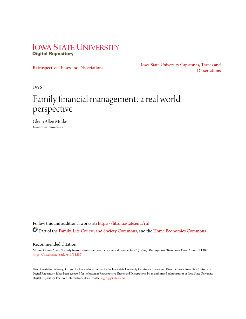 Family Financial Management: a Real World Perspective Glenn Allen Muske Iowa State University