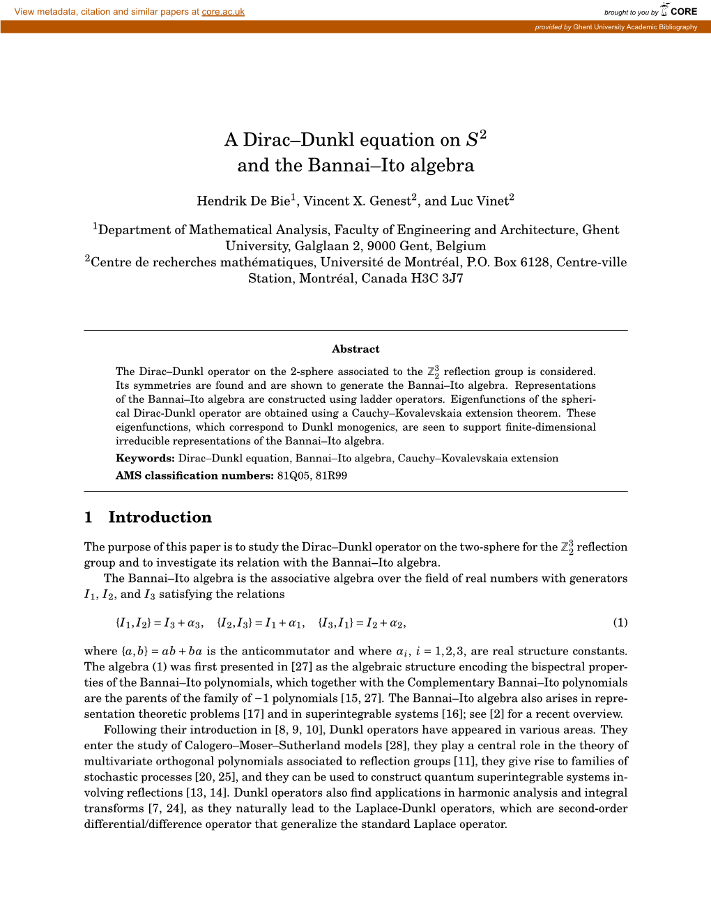 A Dirac–Dunkl Equation on S2 and the Bannai–Ito Algebra