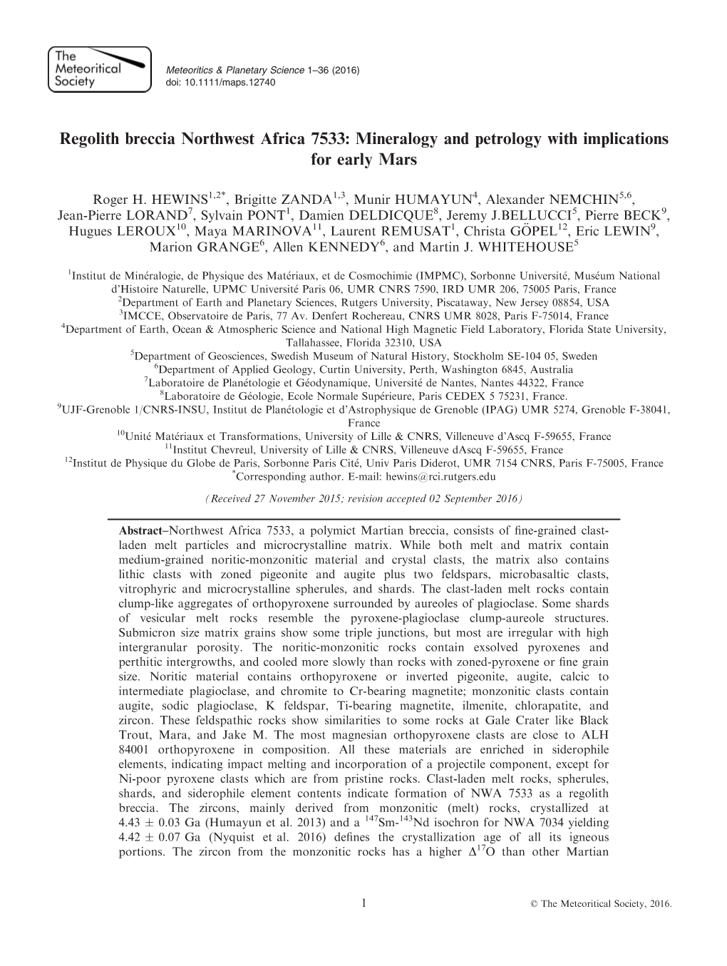 Regolith Breccia Northwest Africa 7533: Mineralogy and Petrology with Implications for Early Mars