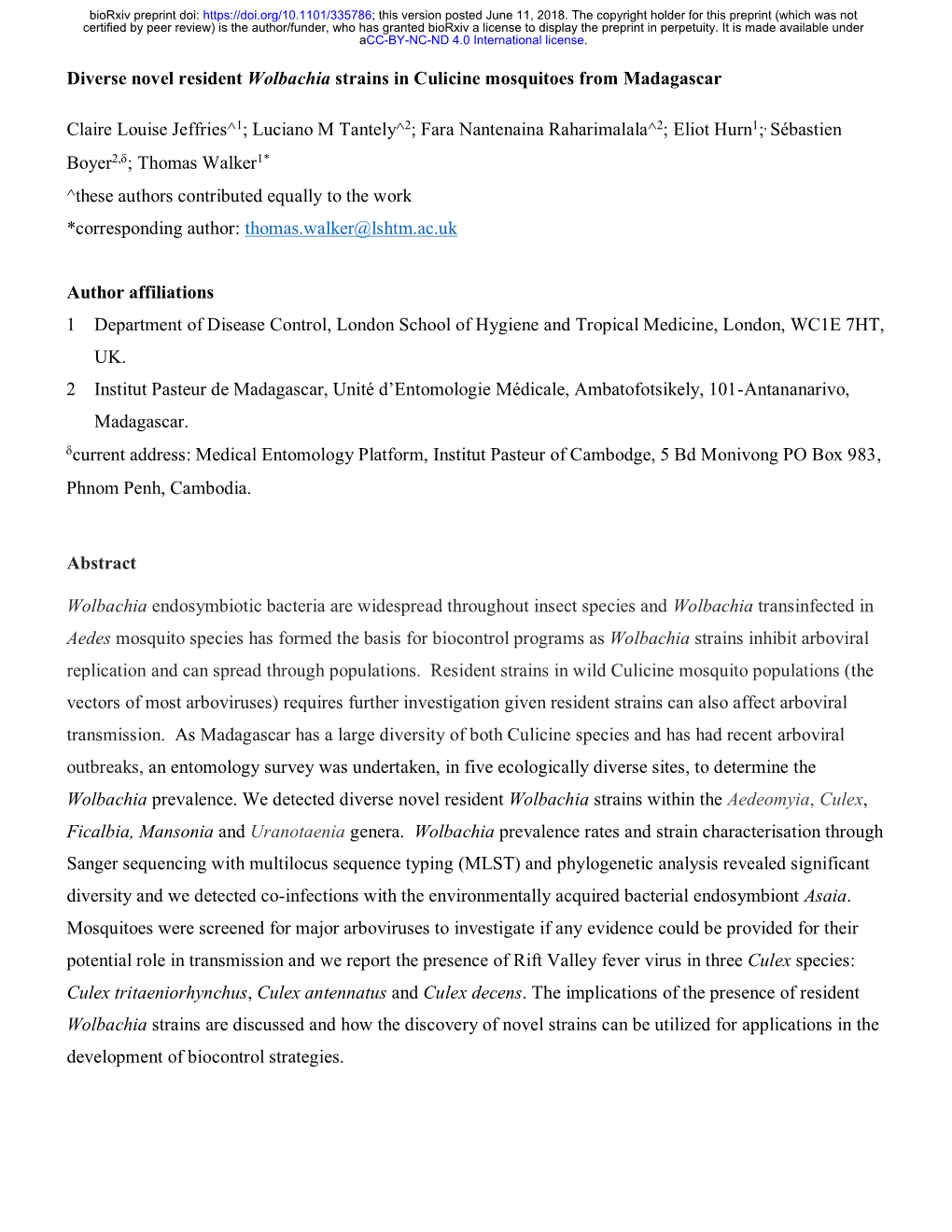 Diverse Novel Resident Wolbachia Strains in Culicine Mosquitoes from Madagascar