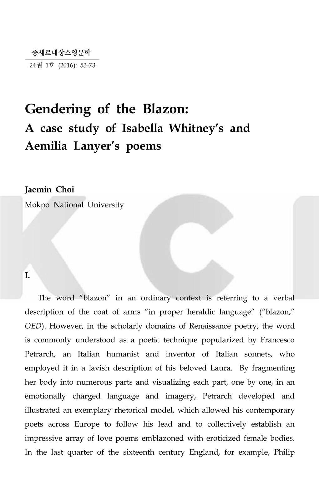 Gendering of the Blazon: a Case Study of Isabella Whitney’S and Aemilia Lanyer’S Poems