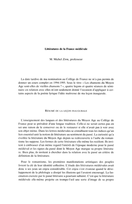 Littératures De La France Médiévale M. Michel ZINK, Professeur La Date