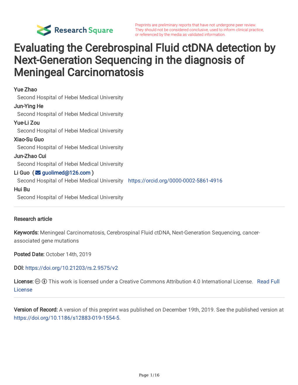 Evaluating the Cerebrospinal Fluid Ctdna Detection by Next-Generation Sequencing in the Diagnosis of Meningeal Carcinomatosis