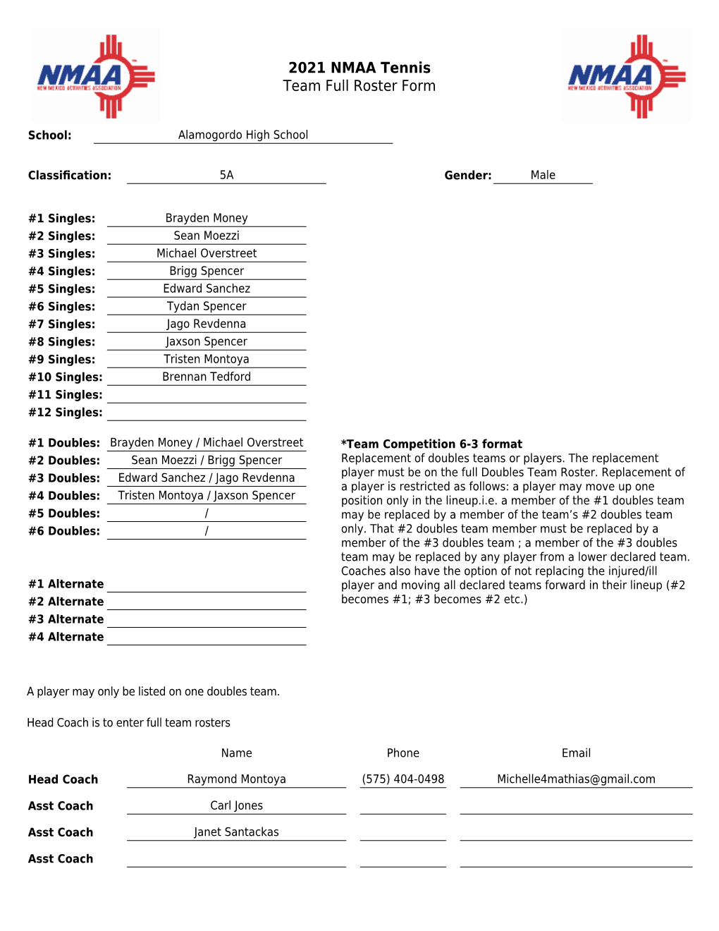 2021 NMAA Tennis Team Full Roster Form