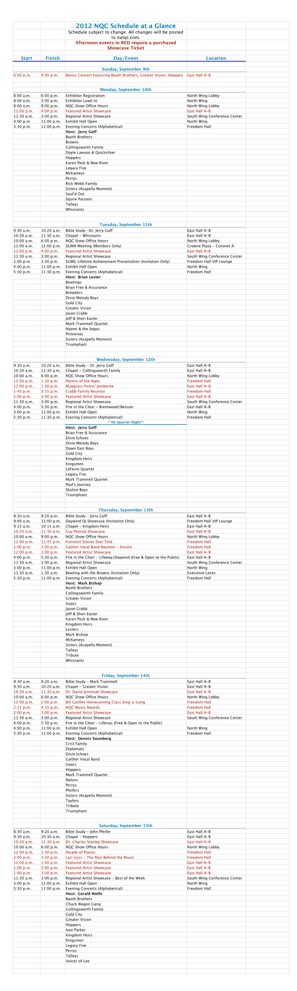 2012 NQC Schedule at a Glance Schedule Subject to Change