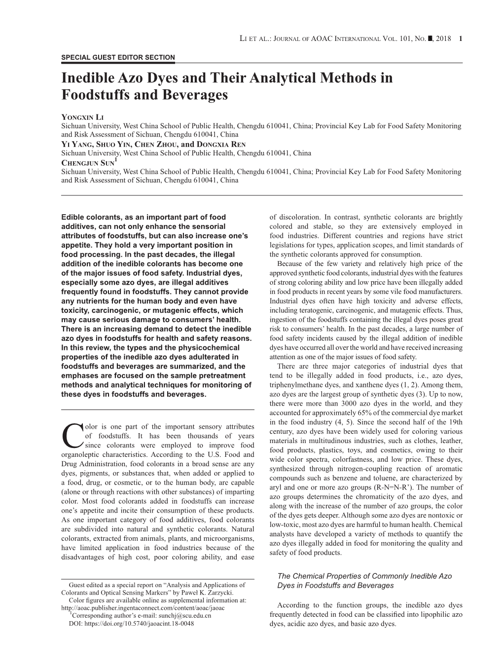 Inedible Azo Dyes and Their Analytical Methods in Foodstuffs and Beverages