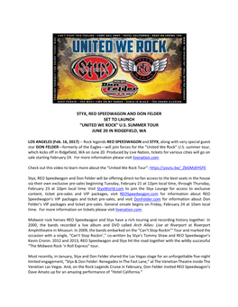 Styx, Reo Speedwagon and Don Felder Set to Launch “United We Rock” U.S