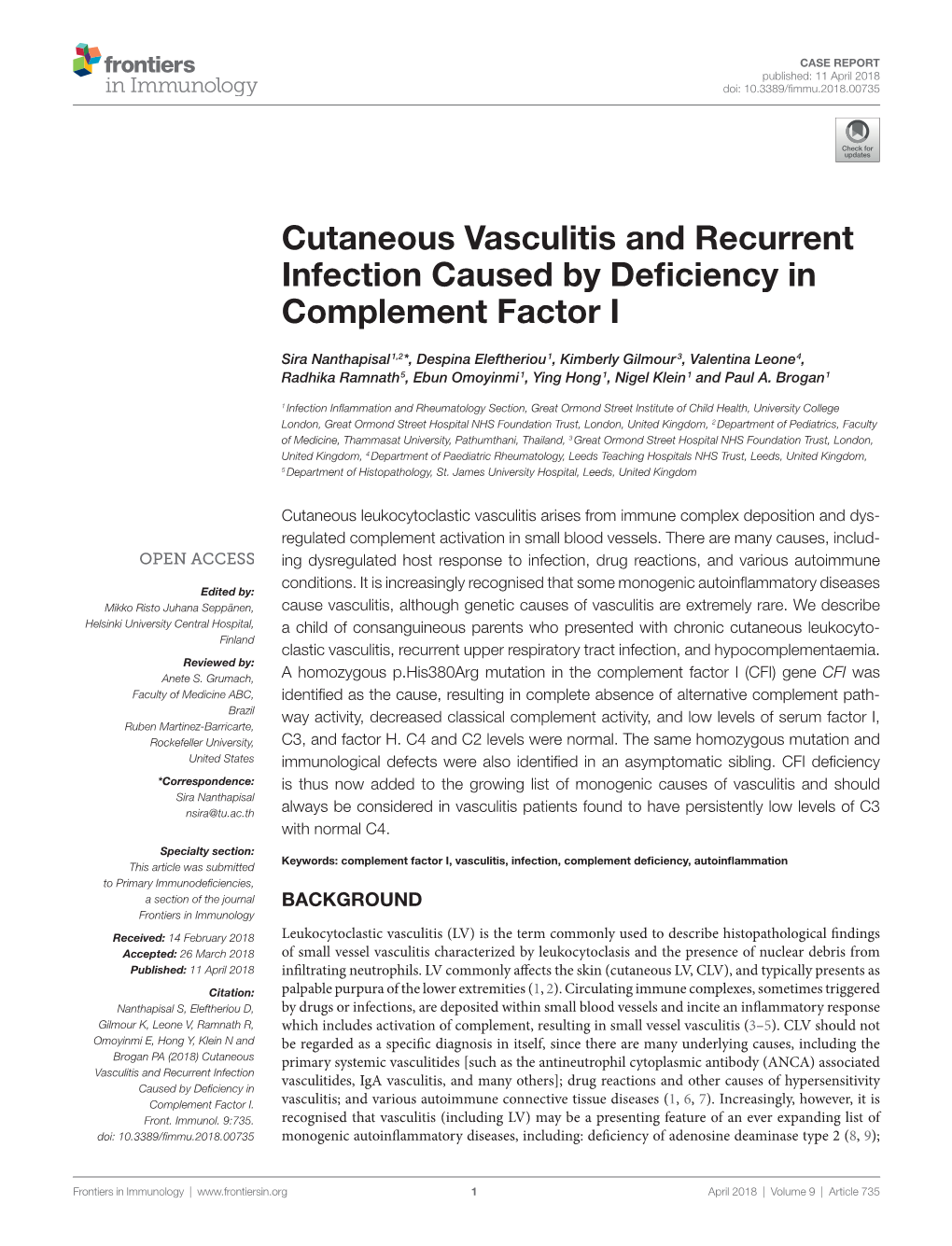 Cutaneous Vasculitis and Recurrent Infection Caused by Deficiency in Complement Factor I