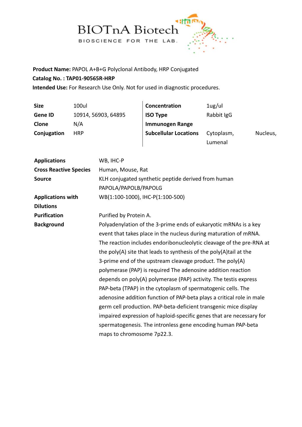 TAP01-90565R-HRP Intended Use: for Research Use Only