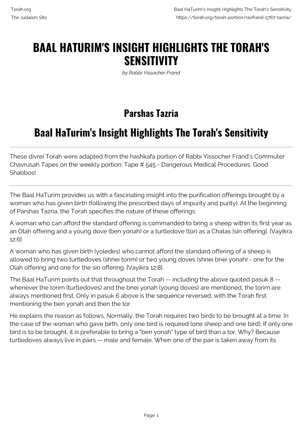 Baal Haturim's Insight Highlights the Torah's Sensitivity the Judaism Site